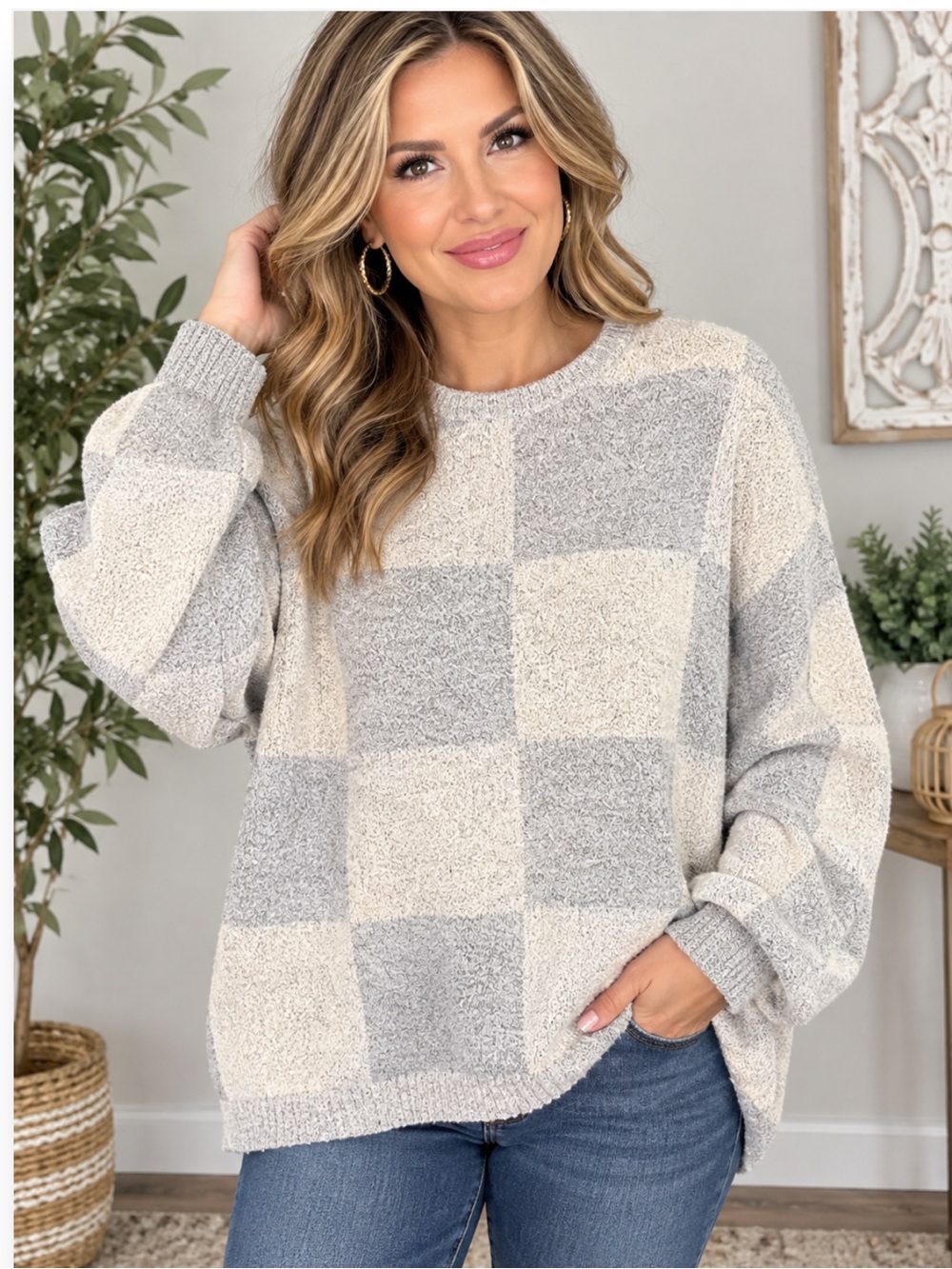 Olivaceous Cream & Gray Checkered Crewneck Sweater